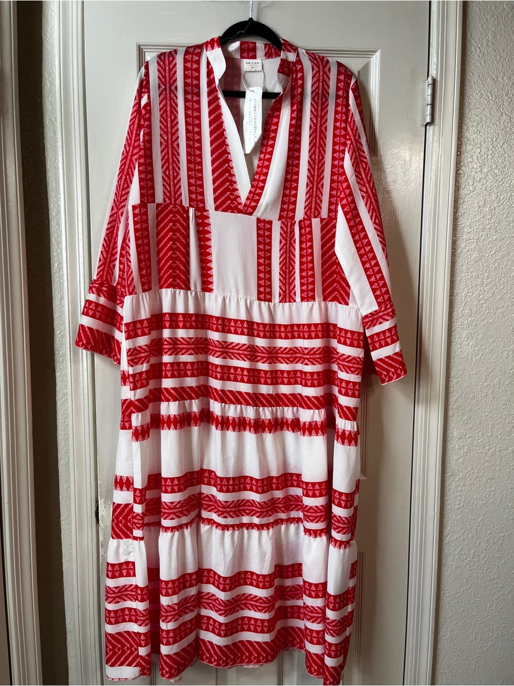 NWT Silk & Salt Red & White Patterned V-Neck Tiered Dress